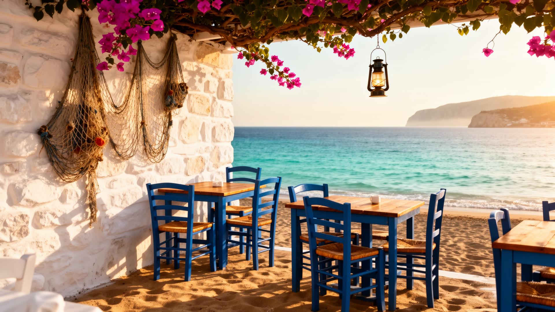 Ladofanaro seaside tavern terrace in Zakynthos on a bright morning
